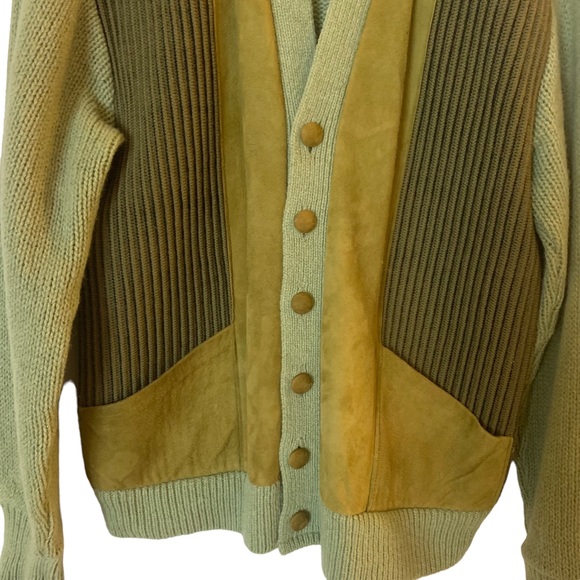 Vintage 1960s Wool Knitted Suede Front Geo Mod Cardigan Sweater Green Medium - Picture 3 of 9